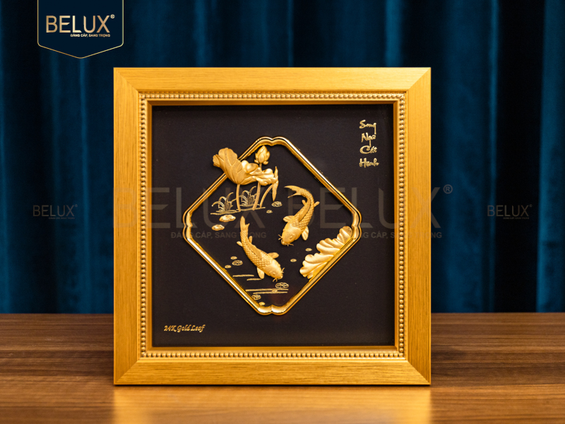 Ảnh Tranh cá chép hoa sen dát vàng 24k- 23x23cm