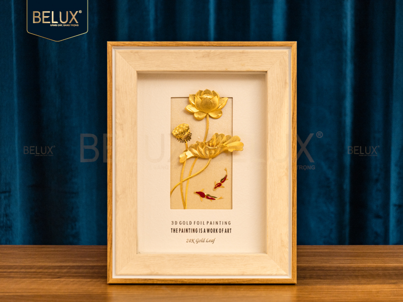 Ảnh Tranh Cá Koi Hoa Sen dát vàng 24k- 32x25cm