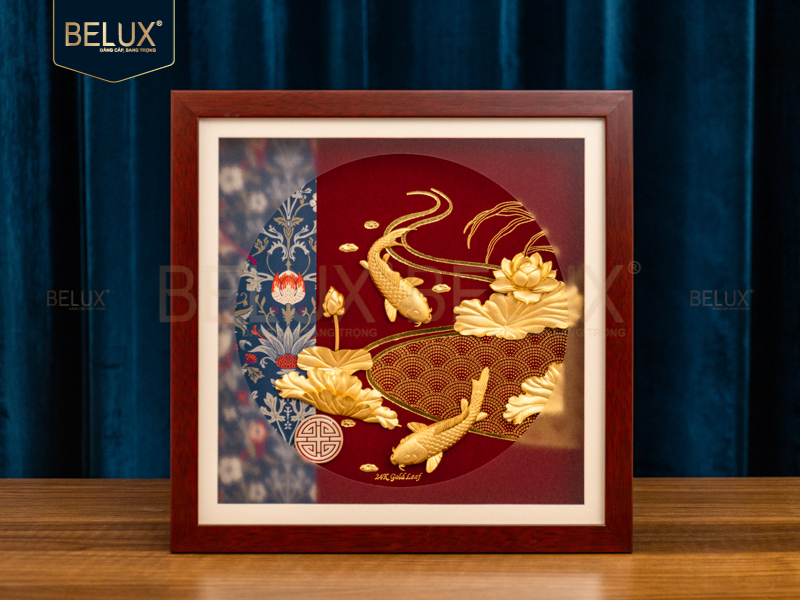 Ảnh Tranh cá chép hoa sen dát vàng 24k -30x30cm