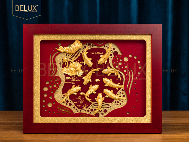 Ảnh Tranh Cửu Ngư Quần Hội Dát Vàng 24k Nền Đỏ