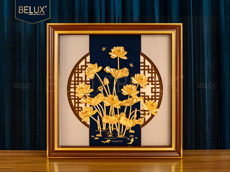 Ảnh Tranh Hoa Sen dát vàng 24k 81x81cm