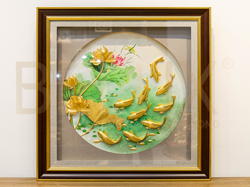 Ảnh Tranh Cửu Ngư Quần Hội Dát Vàng 24k 81x81cm