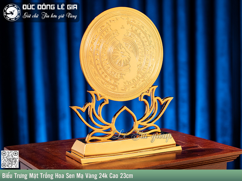 Ảnh Biểu Trưng Mặt Trống Hoa Sen Mạ Vàng 24k Cao 23cm