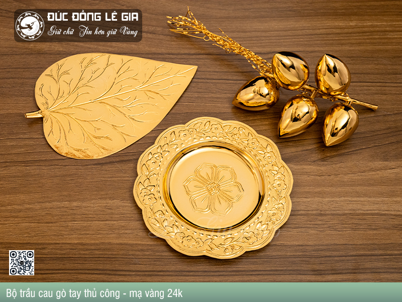 Bộ trầu cau bằng đồng mạ vàng 24k