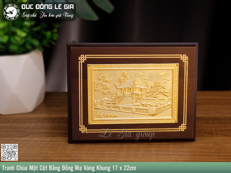 Hộp tranh Chùa Một Cột mạ vàng có thiết kế đóng hộp gỗ sang trọng
