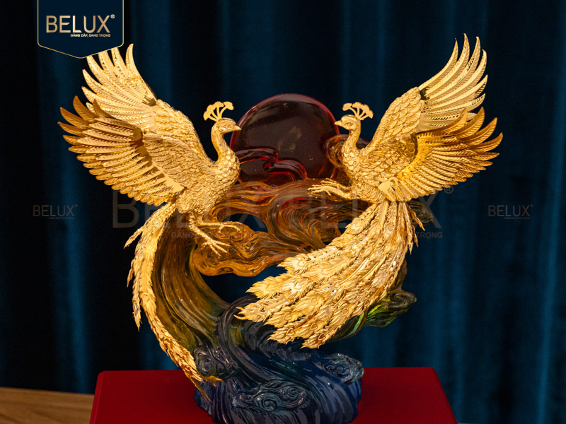 Ảnh Tượng Đôi Công Ôm Ngọc dát vàng 24K 36x28x17cm