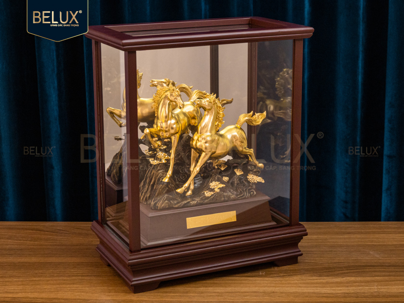 Ảnh Tượng Ngựa Song Mã dát vàng 24k 36x28x17cm