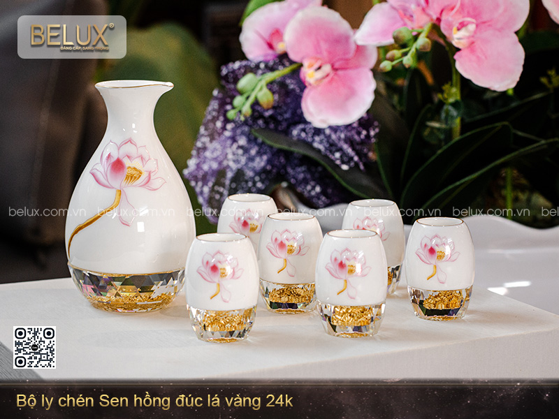 Ảnh Bộ Ly Chén Sen Hồng Đúc Lá Vàng 24k