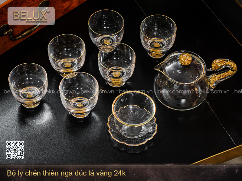 Ảnh Bộ Ly Chén Thiên Nga Đúc Lá Vàng 24k