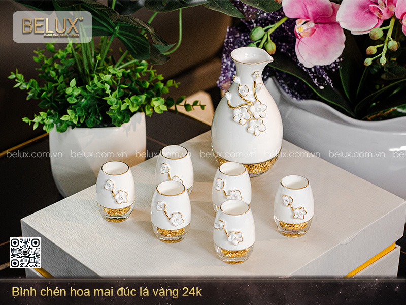 Ảnh Bình Chén Hoa Mai Đúc Lá Vàng 24k