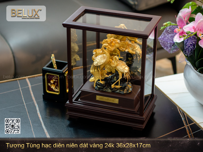 Ảnh Tượng Tùng Hạc Diên Niên Dát Vàng 24k 36x28x17cm