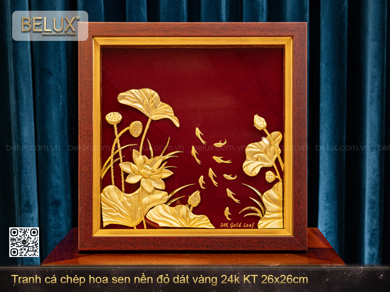Ảnh Tranh Cá Chép Hoa Sen Dát Vàng 24k- 26x26