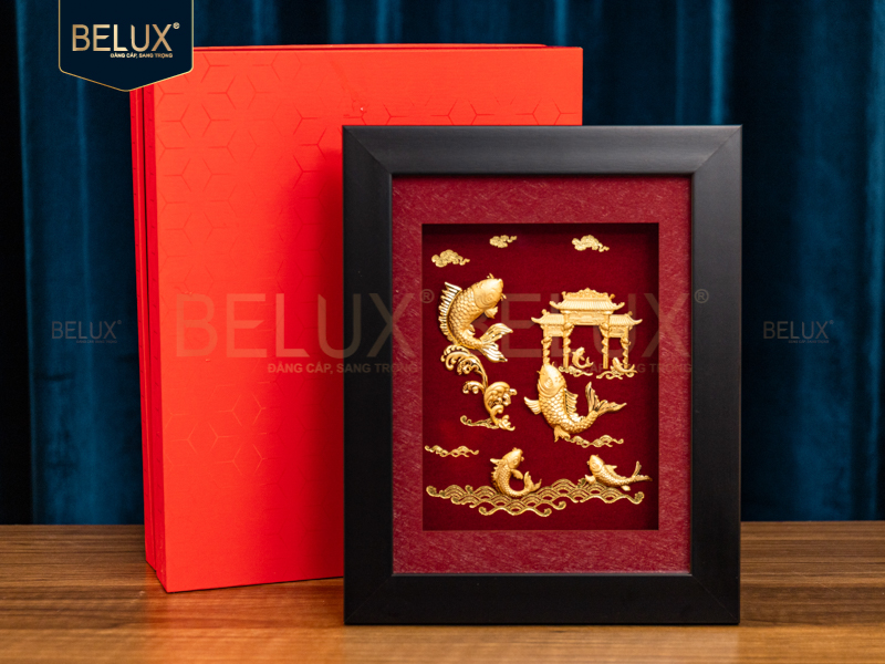Ảnh Tranh Cá Chép Vượt Vũ Môn Dát Vàng 24k- 25x20cm