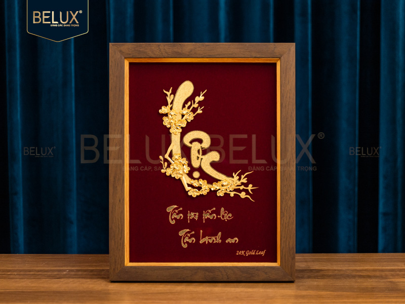 Ảnh Tranh chữ Lộc thư pháp dát vàng 24k - 32x25cm