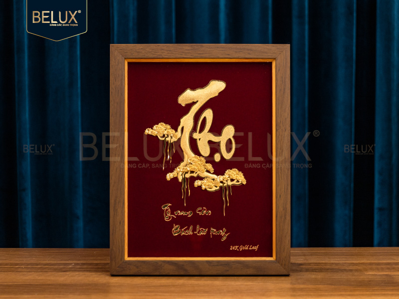 Ảnh Tranh chữ Thọ thư pháp dát vàng 24k - 32x25cm