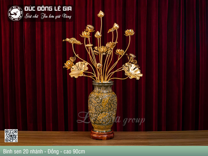 Bình Hoa sen 20 nhánh - Đồng Mạ Vàng 24k cao 90cm