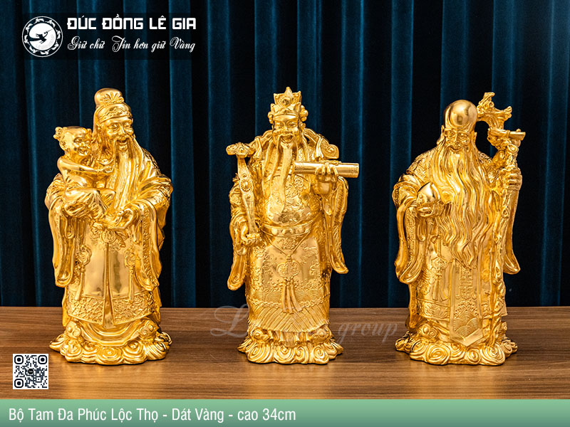 Bộ Tượng Tam Đa Phúc Lộc Thọ dát vàng 9999 cao 34cm