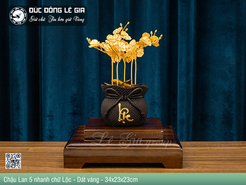 Chậu Lan 5 nhánh chữ Lộc - Dát vàng - 34x23x23