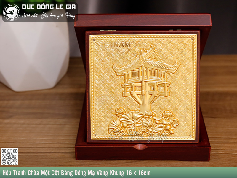 Ảnh Hộp Tranh Chùa Một Cột Bằng Đồng Mạ Vàng Khung 16 x 16cm