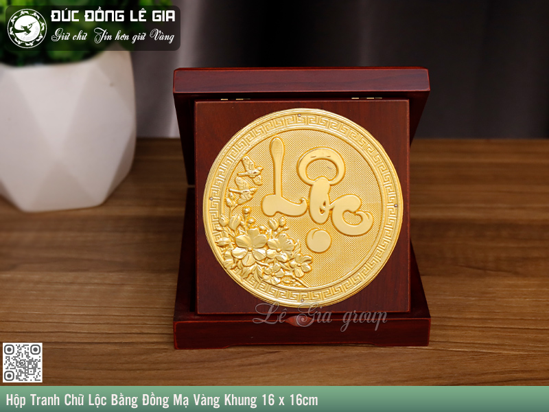 Hộp Tranh Chữ Lộc Bằng Đồng Mạ Vàng Khung 16 x 16cm