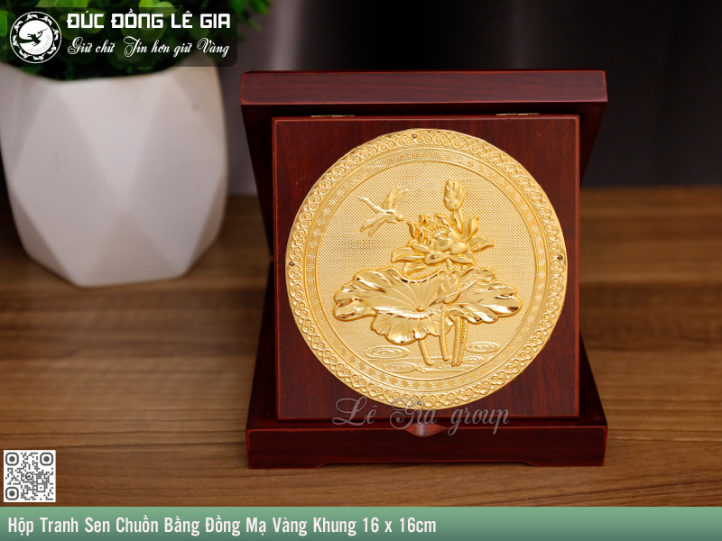 Hộp Tranh Sen Chuồn Bằng Đồng Mạ Vàng Khung 16 x 16cm