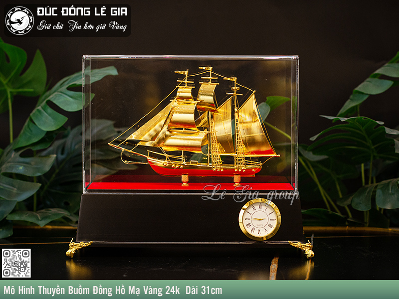 Ảnh Mô Hình Thuyền Buồm Đồng Hồ Mạ Vàng 24k  Dài 31cm