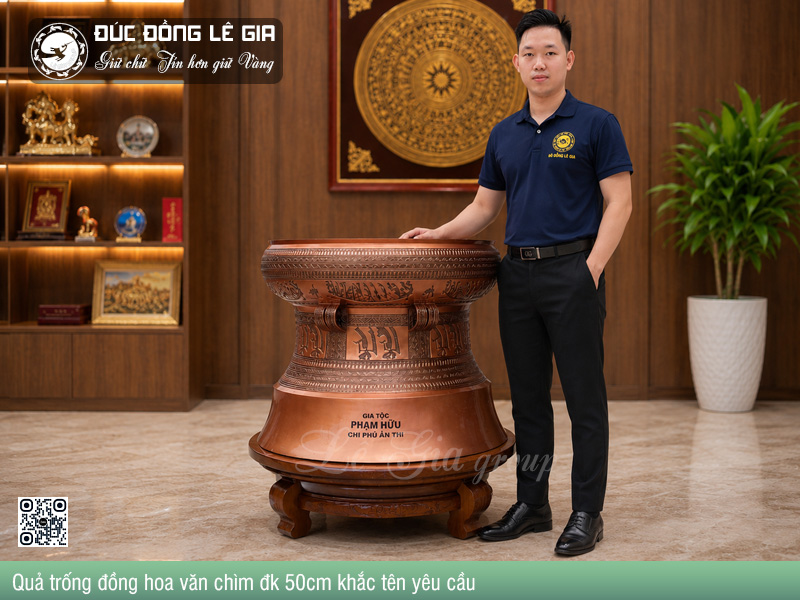 Quả trống đồng hoa văn chìm đk 50cm khắc tên dòng họ
