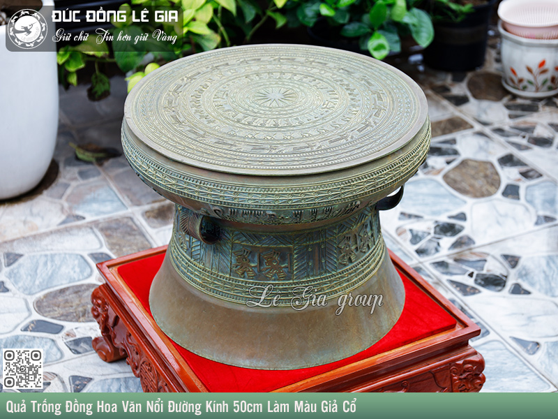 Quả Trống Đồng Hoa Văn Nổi Đường Kính 50cm Làm Màu Giả Cổ