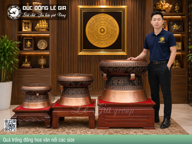 Báo giá mua trống đồng hoa văn nổi các kích cỡ- Trống đồng đặt phòng khách, làm việc