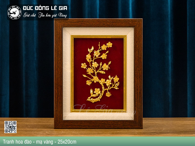 Tranh hoa đào bằng đồng mạ vàng - 25x20