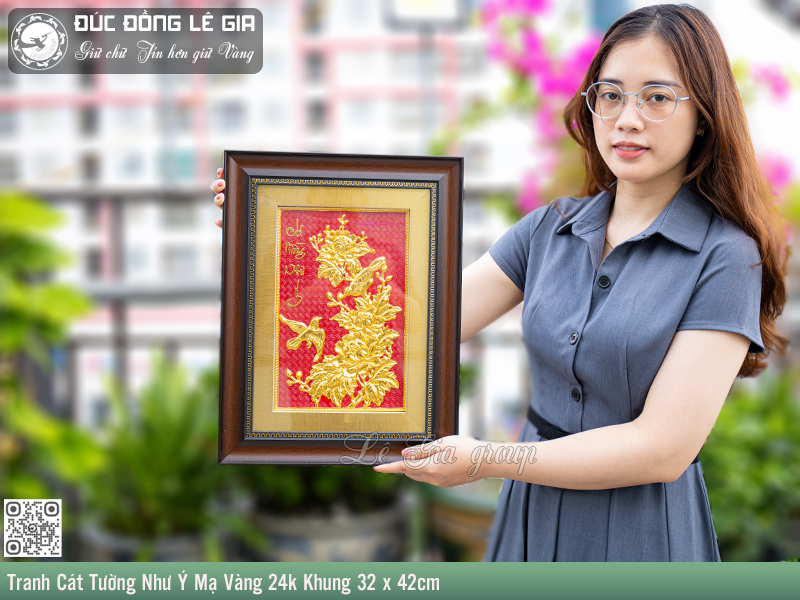 Tranh Cát Tường Như Ý Mạ Vàng 24k Khung 32 x 42cm