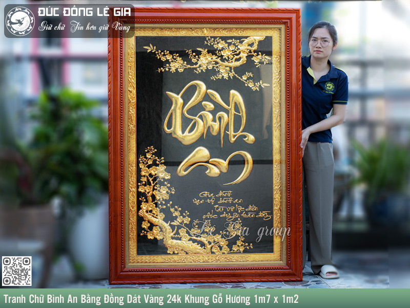Tranh Chữ Bình An Bằng Đồng Dát Vàng 24k Khung Gỗ Hương 1m7 x 1m2