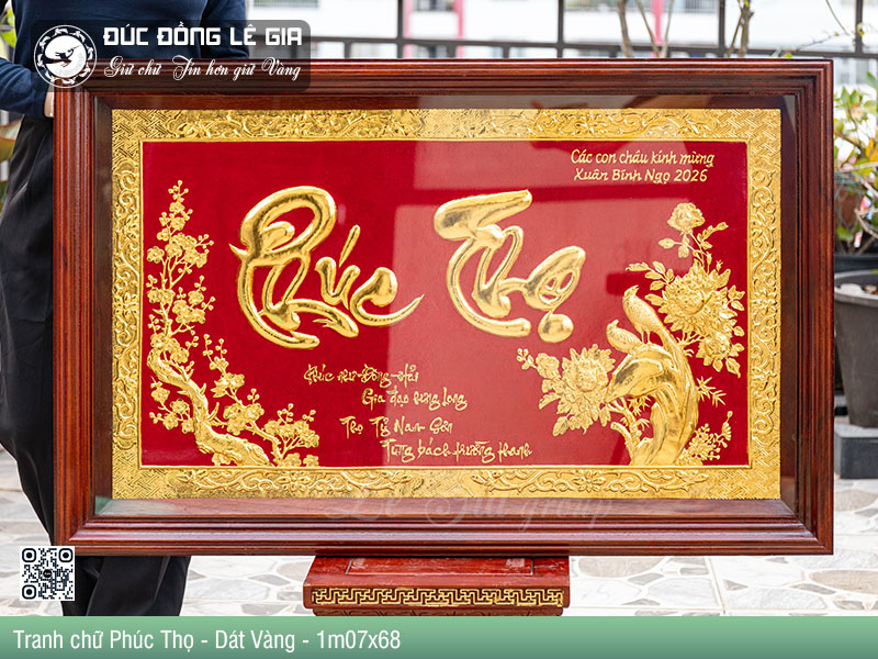 Tranh chữ Phúc Thọ  Bằng Đồng Dát Vàng 24k - 1m07x68
