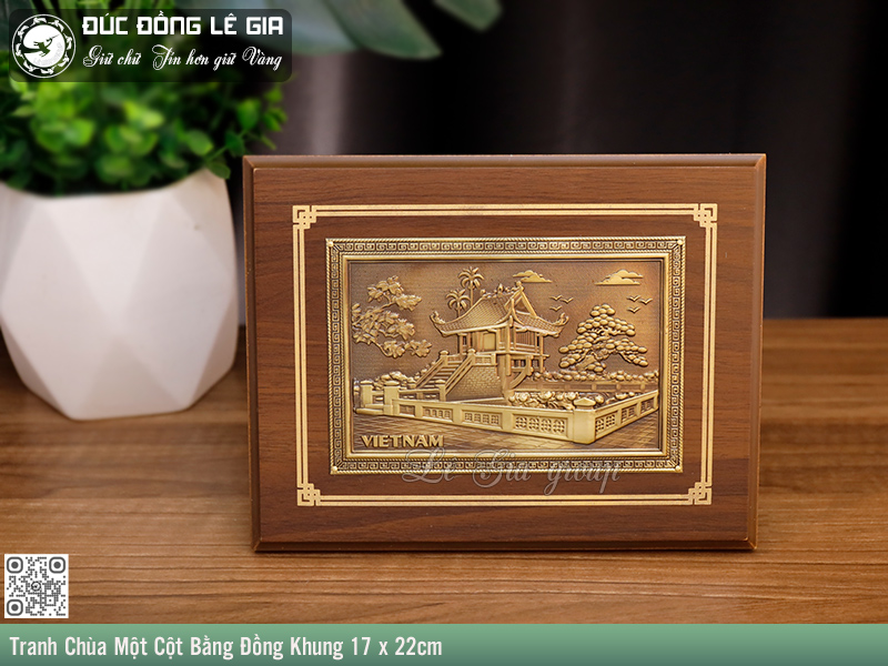 Tranh Chùa Một Cột Bằng Đồng Khung 17 x 22cm - Khổ Ngang