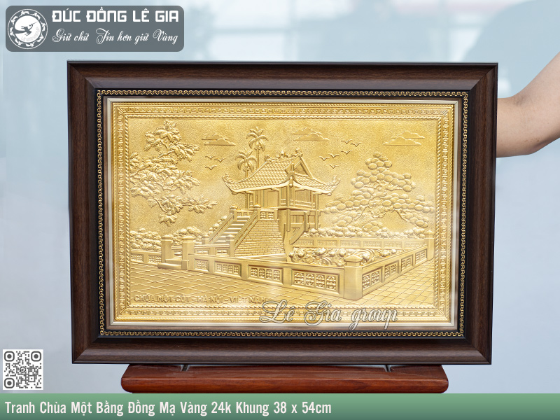 Ảnh Tranh Chùa Một Bằng Đồng Mạ Vàng 24k Khung 38 x 54cm