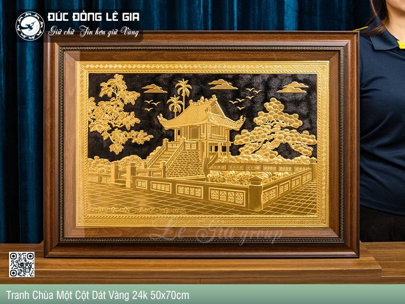 Tranh Chùa Một Cột Bằng Đồng Dát Vàng 24k Khung 50 x 70cm