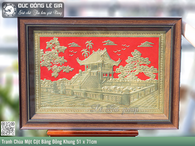 Ảnh Tranh Chùa Một Cột Bằng Đồng Khung 51 x 71cm Nền Đỏ