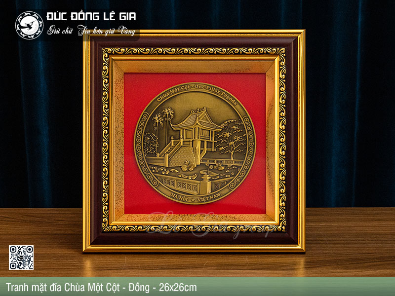 Tranh mặt đĩa Chùa Một Cột bằng đồng (khung 26x26) – Biểu tượng linh thiêng của Hà Nội trong từng nét chạm tinh xảo