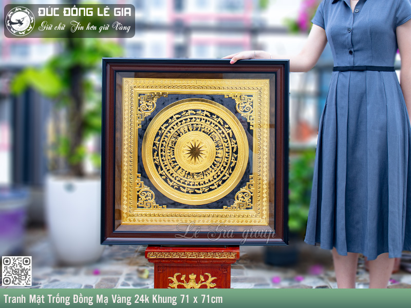 Tranh Mặt Trống Đồng Mạ Vàng 24k Khung 71 x 71cm