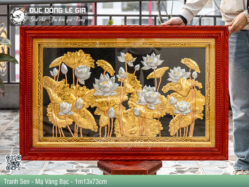 Tranh Hoa Sen Bằng Đồng Mạ Vàng Bạc - 113x73