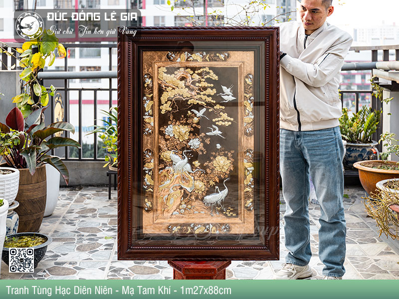Tranh Tùng Hạc Diên Niên Bằng Đồng Mạ Tam Khí - 127 x 88