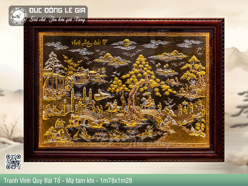Tranh Vinh Quy Bái Tổ Mạ Tam Khí Khung Gỗ Gụ 1m78 x 1m28