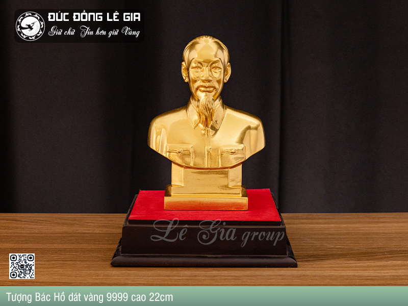 Tượng Bác Hồ Bằng Đồng Cao 22cm Dát Vàng 9999