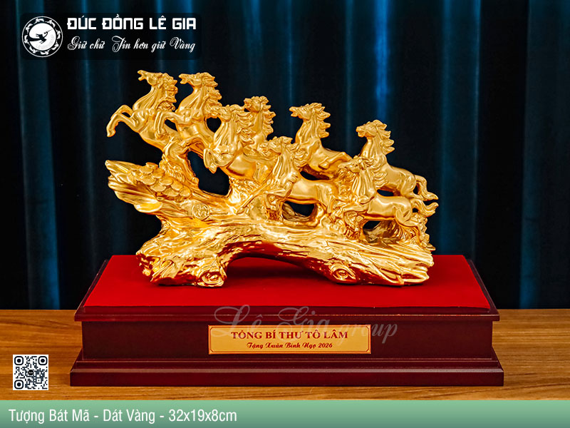Tượng Bát Mã Bằng Đồng Dát Vàng 9999 Dài 32cm