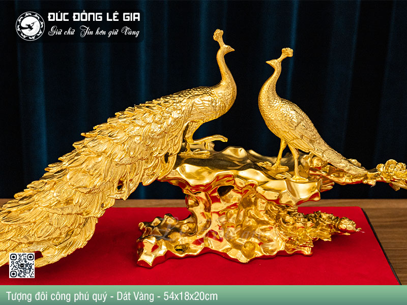 Tượng đôi công phú quý Bằng Đồng Dát Vàng - 54x18x20