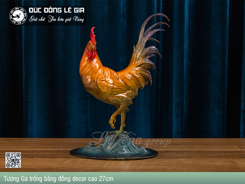 Tượng Gà trống bằng đồng decor cao 27cm