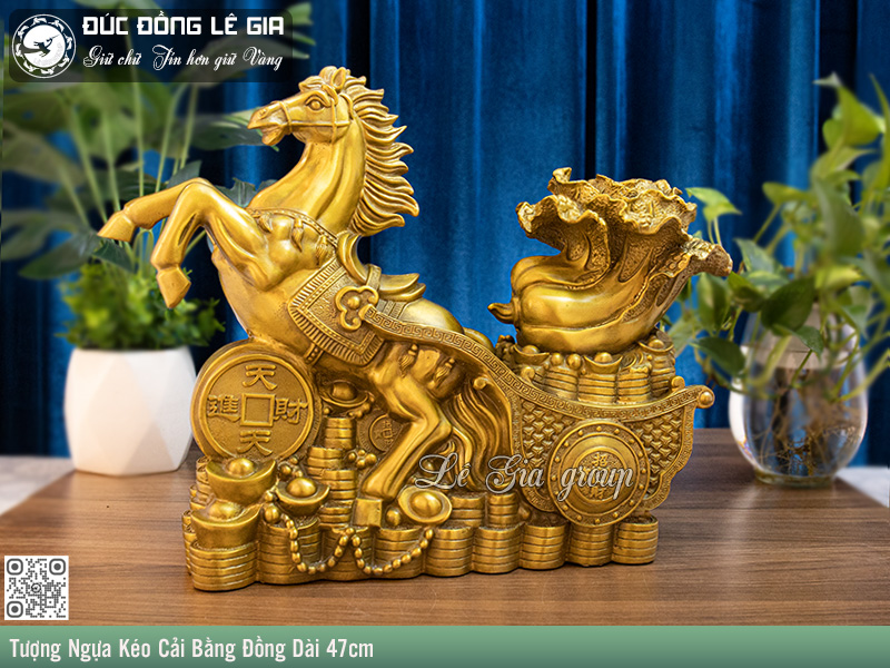 Tượng Ngựa Kéo Của Cải Bằng Đồng Dài 47cm