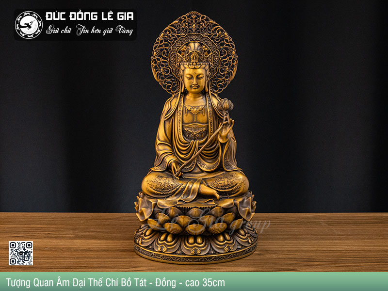 Tượng Quan Âm Đại Thế Chí Bồ Tát Bằng Đồng - cao 35cm