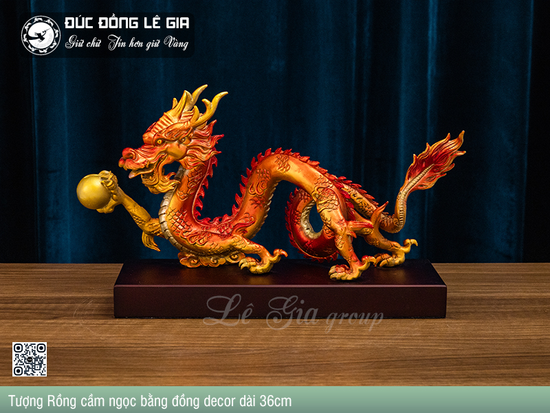 Tượng Rồng cầm ngọc bằng đồng decor dài 36cm
