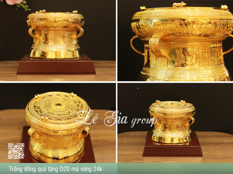 Quả trống đồng lưu niệm đk 20cm mạ vàng 24k